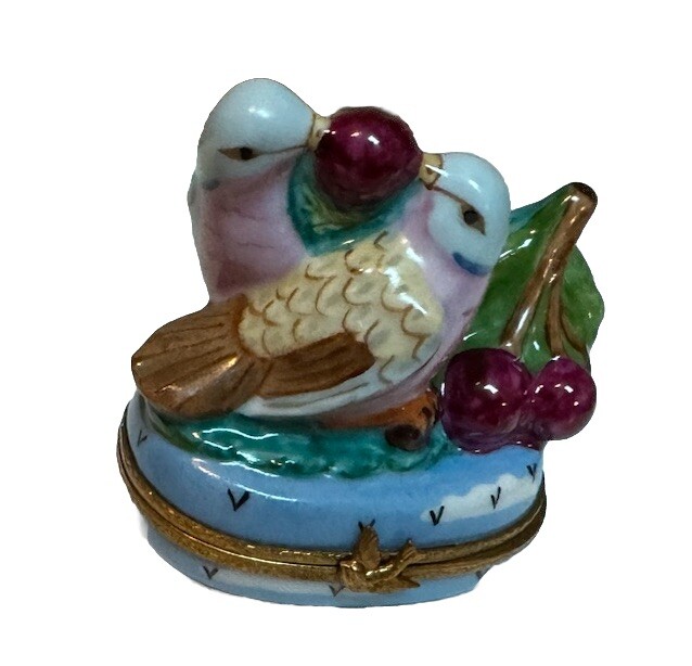 Limoges France Peint Main Trinket Box Birds With Cherries
