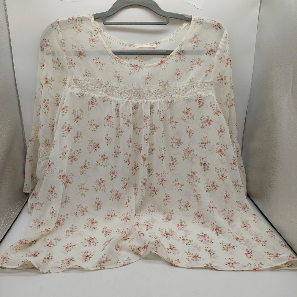 Soprano Womens Shirt Size Large White Pink Chiffon Lace Floral Sheer 3/4 Sleeves