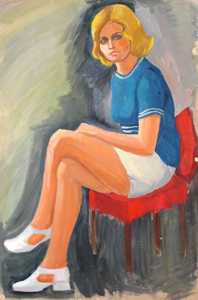 Vintage original gouache painting woman figure