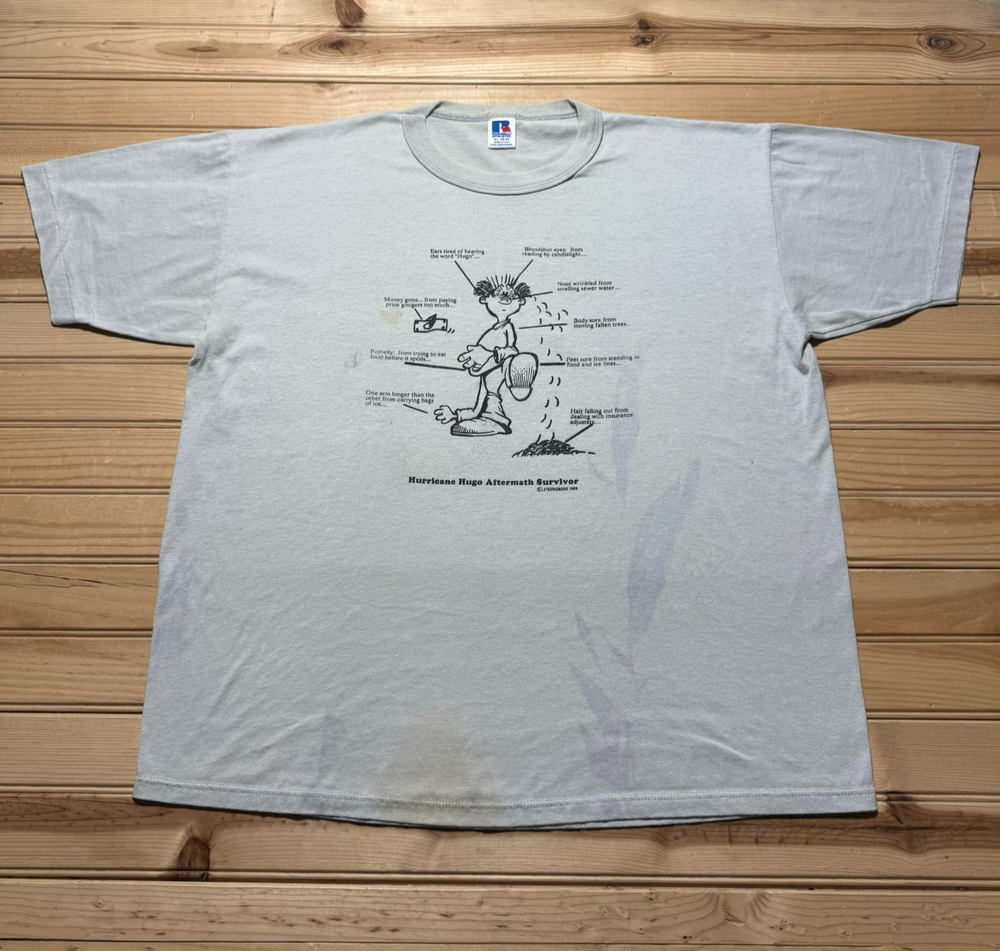 Vintage 1989 Hurricane Hugo Aftermath Survivor Cartoon Novelty Tee USA Made - XL