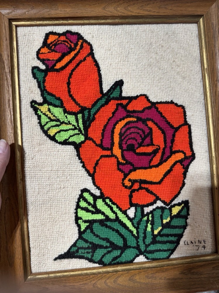 Vintage 1974 Finished Needlepoint Rose Framed Wall Art Retro 70s Punch Needle