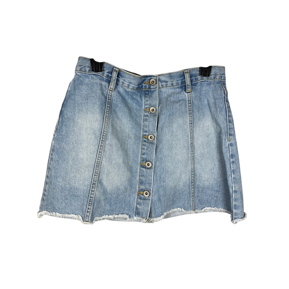 Forever 21 Light Wash Denim Button Front A-Line Mini Skirt Raw Hem Size 29