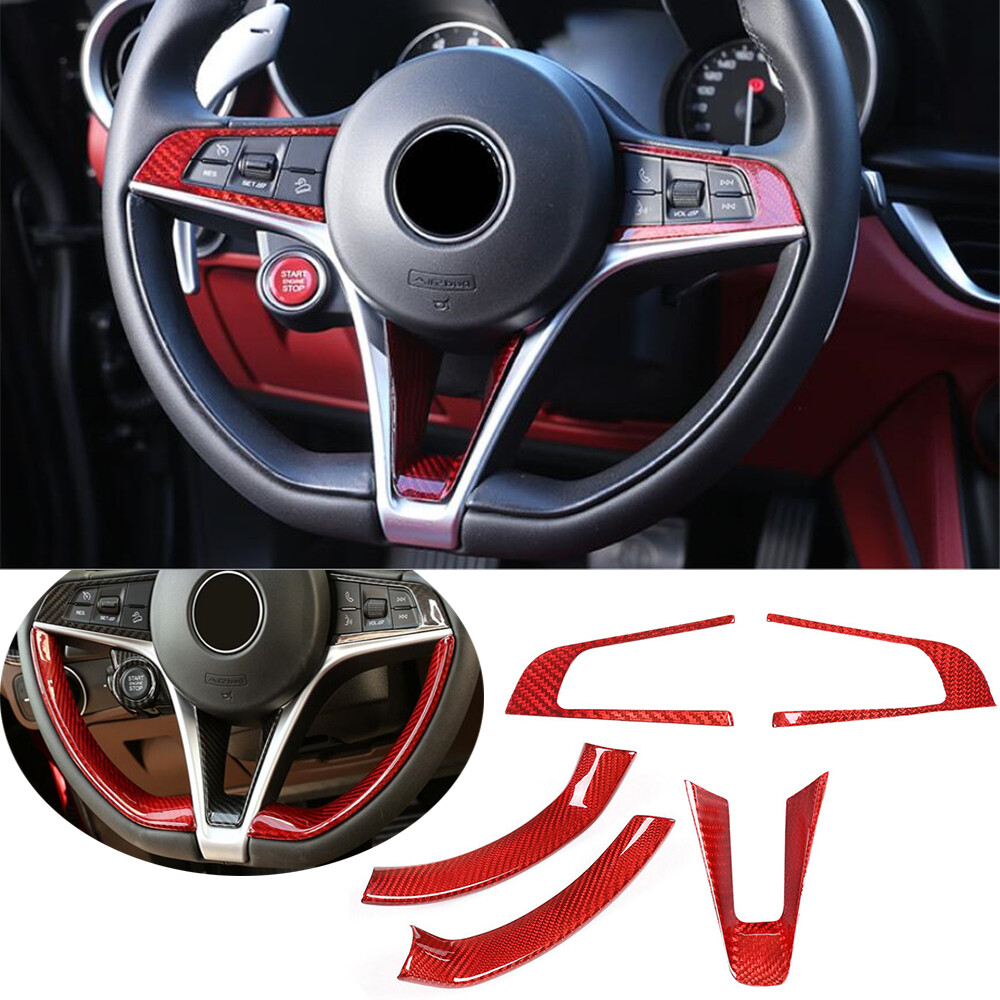 5PCS Red Carbon Fiber Steering Wheel Cover for Alfa Romeo Giulia Stelvio 2017-19