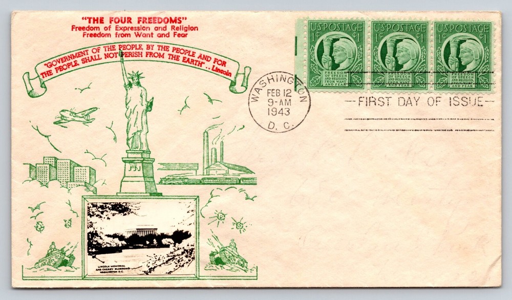 FDC Four Freedoms Crosby Patriotic Cachet Lincoln Memorial Photo 1943 DC WWII
