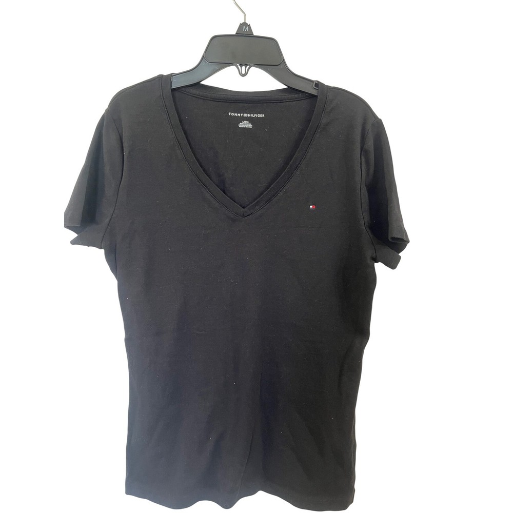 Tommy Hilfiger Womens V-Neck T-Shirt Black Short Sleeve Flag Logo Size Large