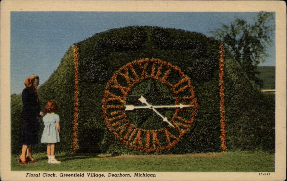 Michigan Dearborn Greenfield Village Floral Clock ~ 1930s linen postcard