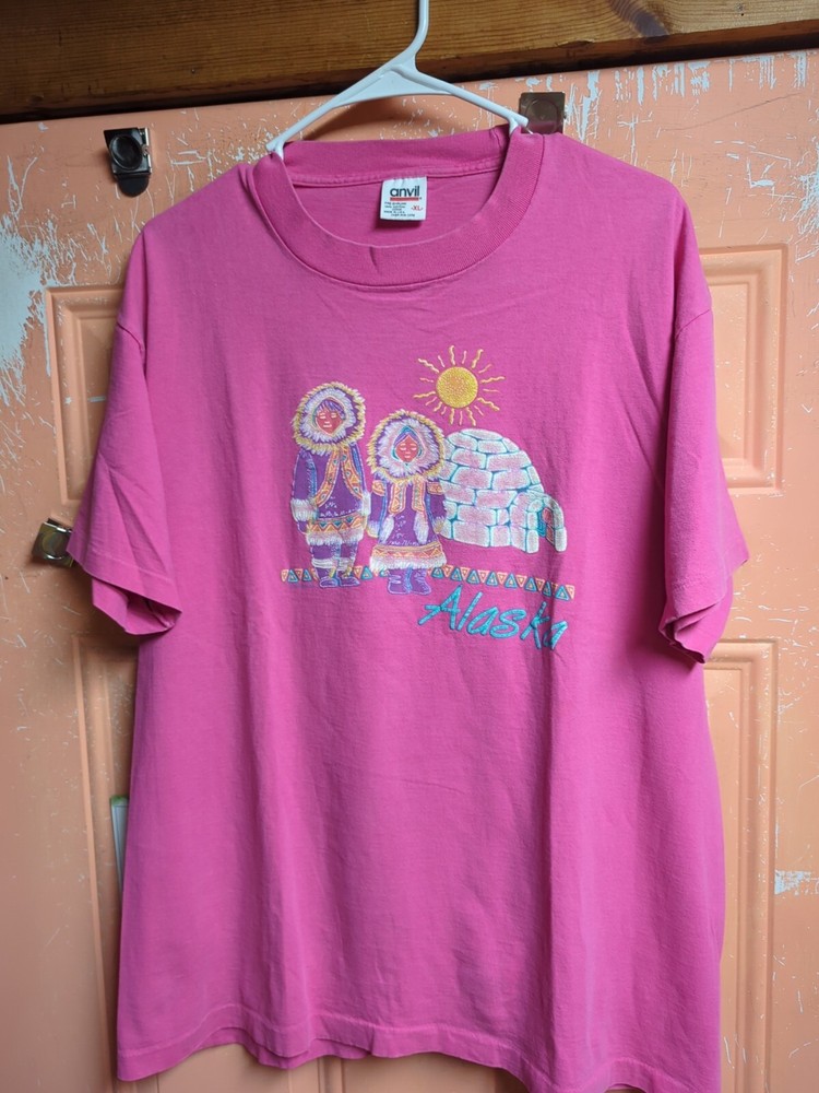 Vintage Alaska Tourist T Shirt Igloos Graphic Print Pink Size XL Single Stitch