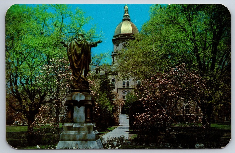 Indiana~University Notre Dame~Admin Bldg Front View~Gold Dome~Statue~1950s PC