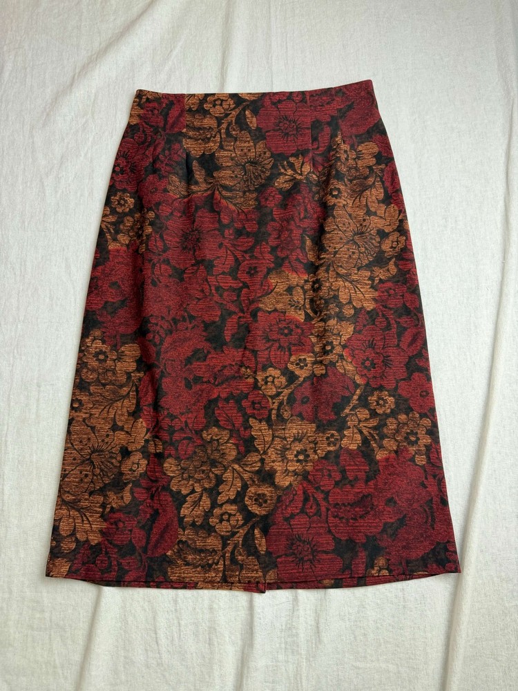 Vintage 90s Kim Rogers Midi Skirt Size 8P Petite Red Brown Floral Whimsigoth