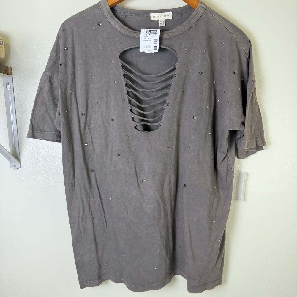 Gilded Intent NWT Distressed Oversized Gray Cotton Tee Sz XS Shredded T-Shirt