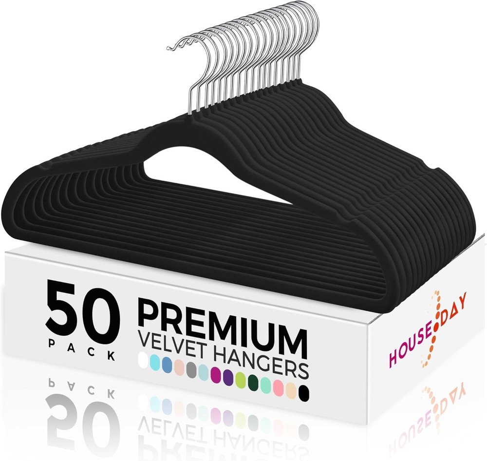 Premium Velvet Hangers 50 Pack Black Non-Slip Flocked Felt Hangers Sturdy