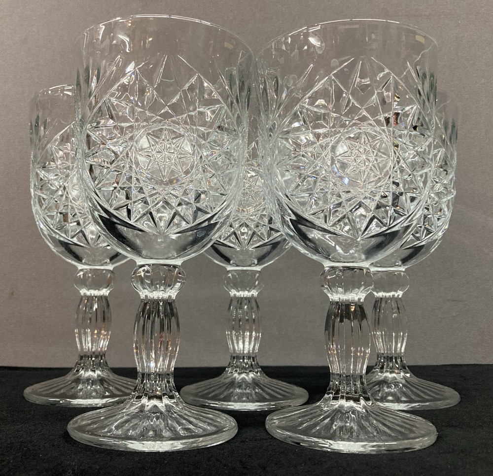 Libbey Hobstar Clear Pressed Water Wine Goblet Glasses 12oz Set of 5