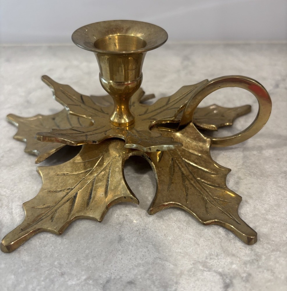 Vintage Solid Brass Holly Leaf Candle Stick Holder Ring Handle