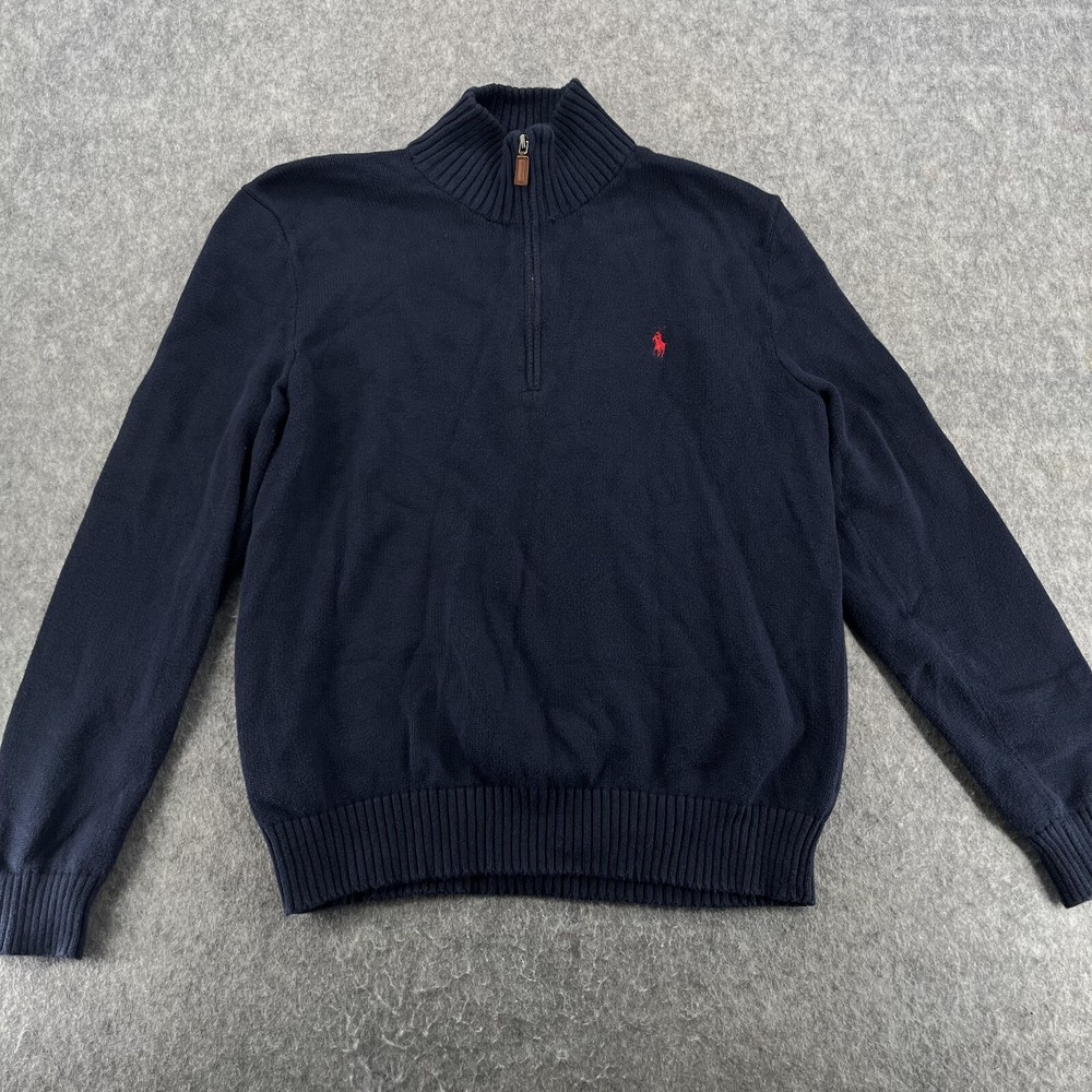 Vintage Polo Ralph Lauren Sweater Mens L Blue 1/4 Zip Mock Neck 100% Cotton