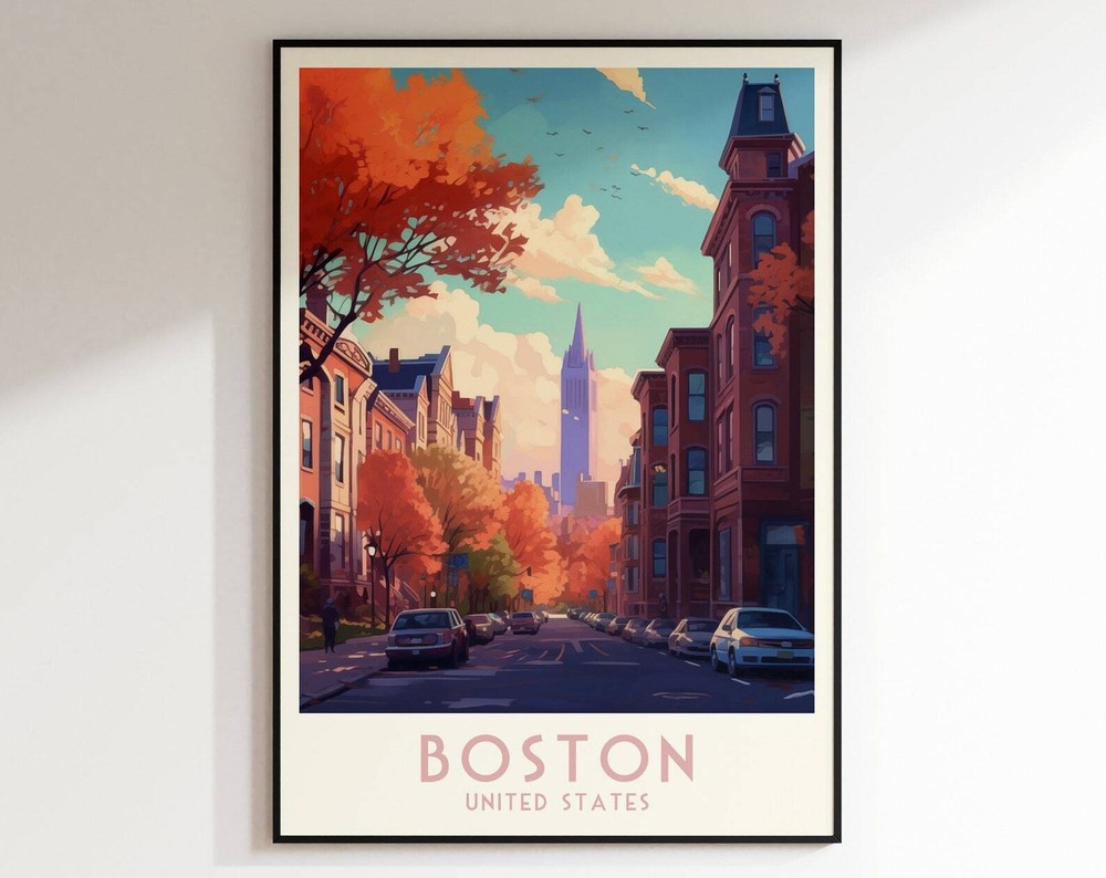 Boston Travel Print United States Poster Home Decor Retro Wallart Wedding Gift