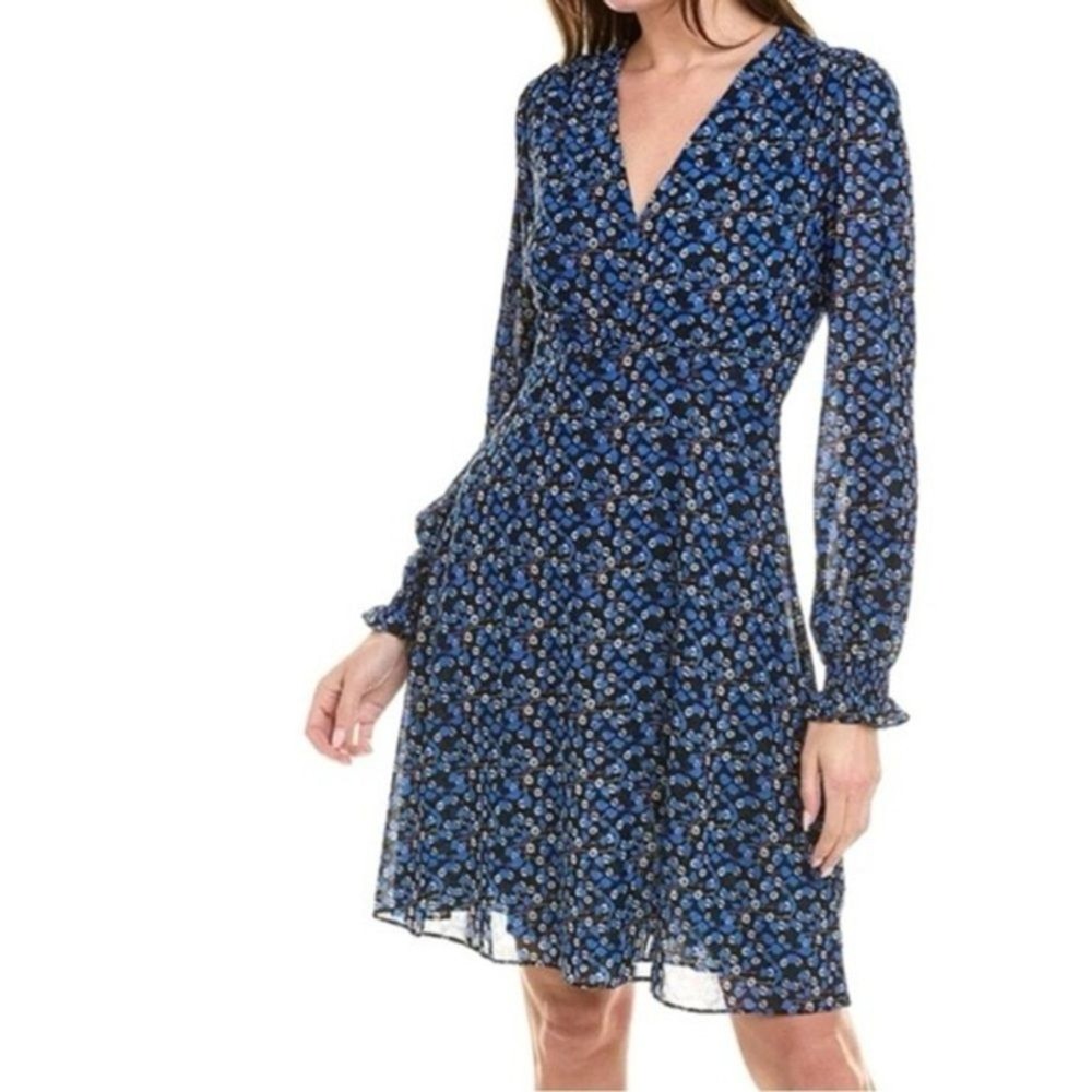 CAbi 5772 The Ten Dress Blue Floral Mesh V-Neck Long Layered Sleeves Size Large