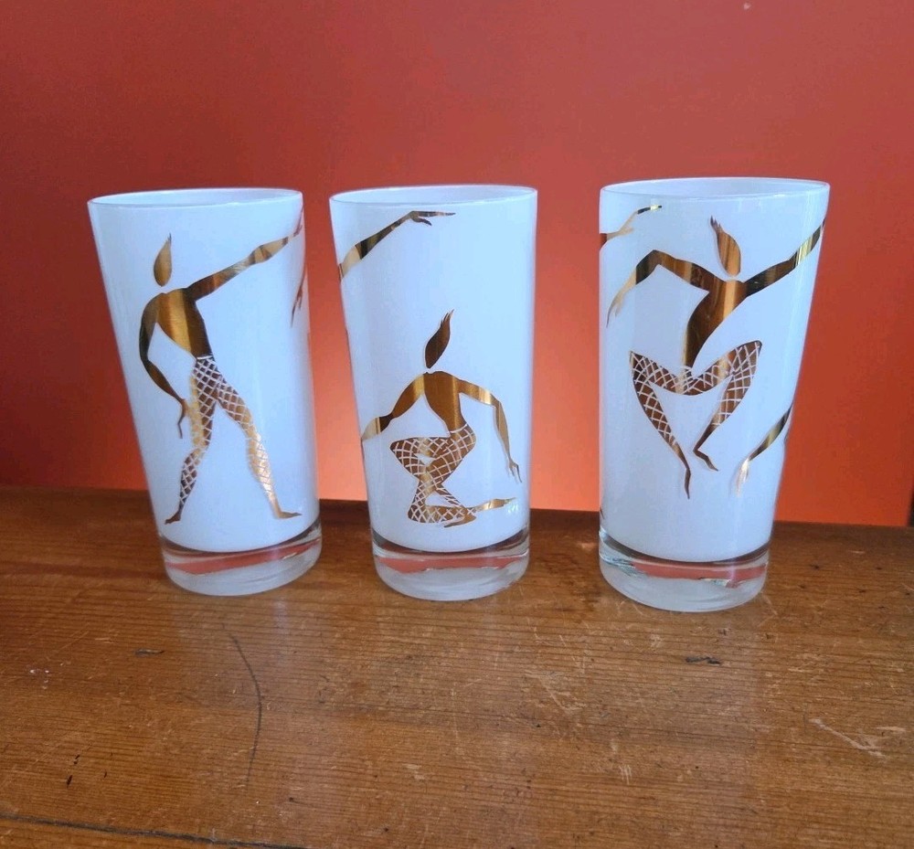 Fred Press 3 Opaque 22K Gold Highball Glasses MCM Tumblers Harliquin Dancers
