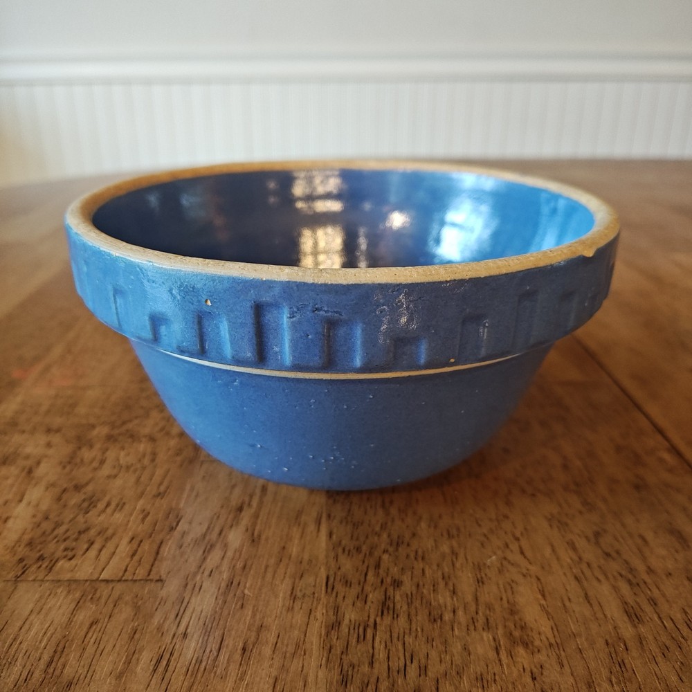 Vintage Small Blue Salt Glaze Stoneware Mixing Bowl Primitive Farmhouse Cottage