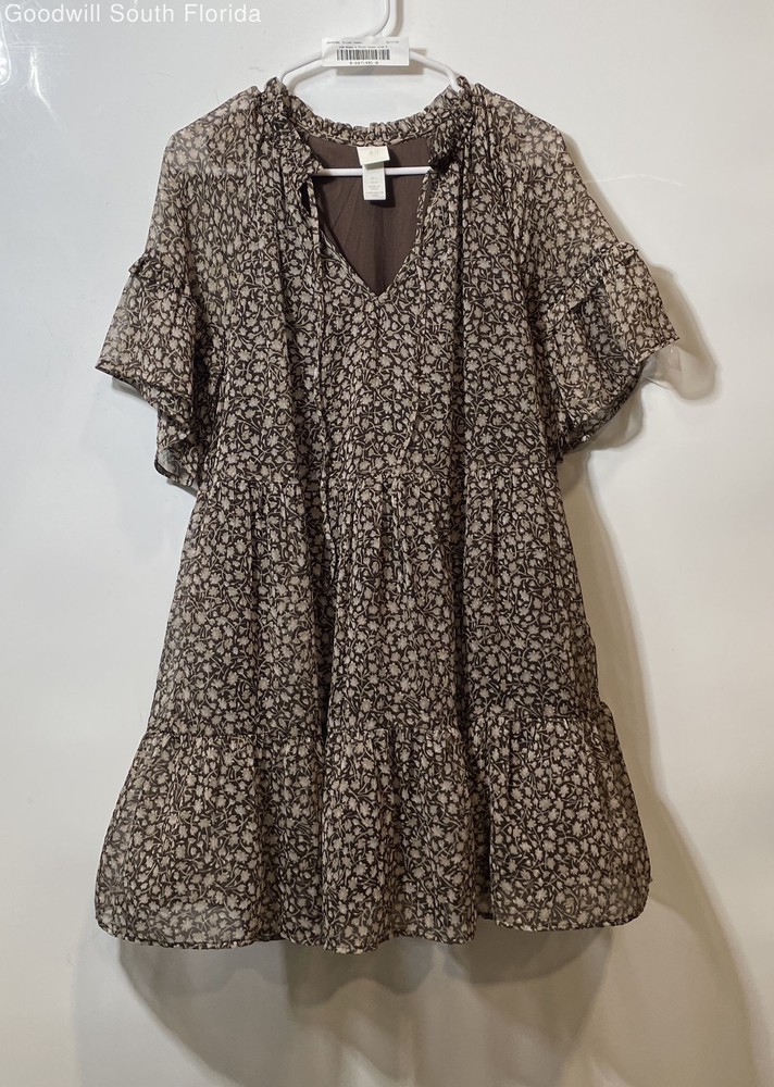 H&M Womens Brown Floral Short Sleeve Tie Neck Tiered A-Line Dress Size 4