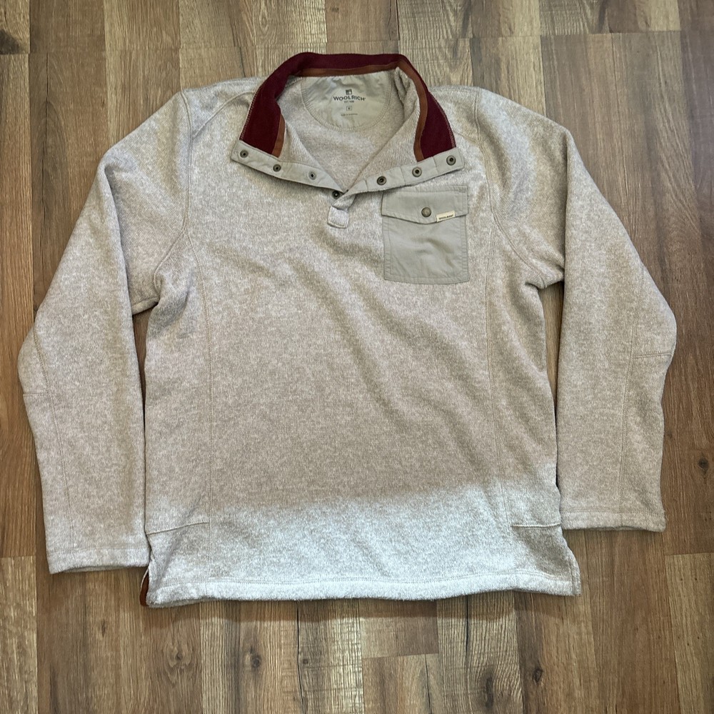 Woolrich Pullover Sweater Knit Quarter Button Pocket Front Beige Mens M