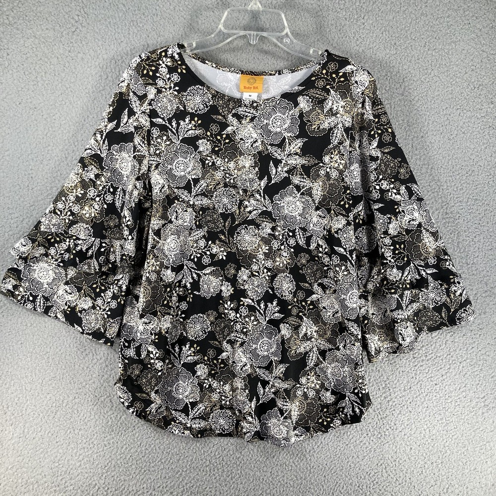 Ruby Rd. Top Women's Medium Black Floral Stretch 3/4 Sleeve Career Office