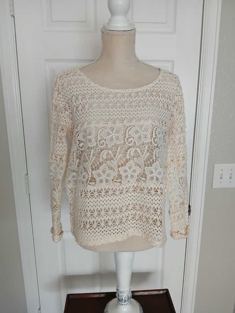 Ivory Crochet Lace Top M Boho Cottage Fairy Feminine Festival Peasant Prairie