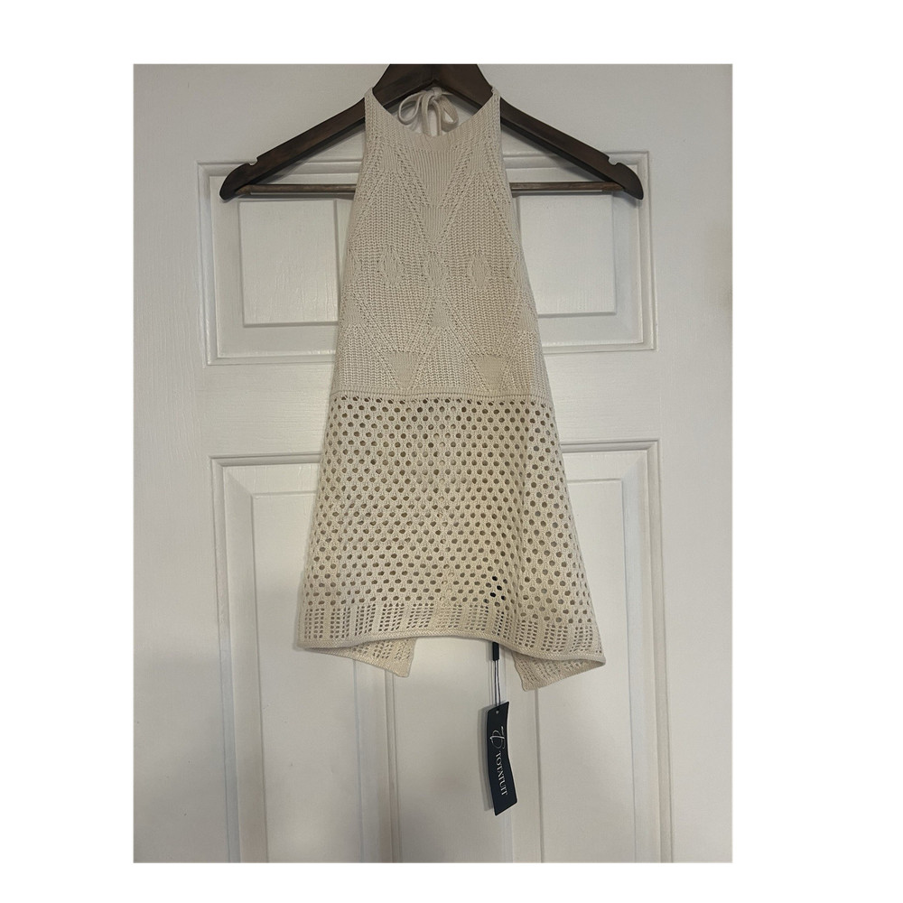 totatuit Ivory Crochet Halter Tie Back Cropped Tank Top S