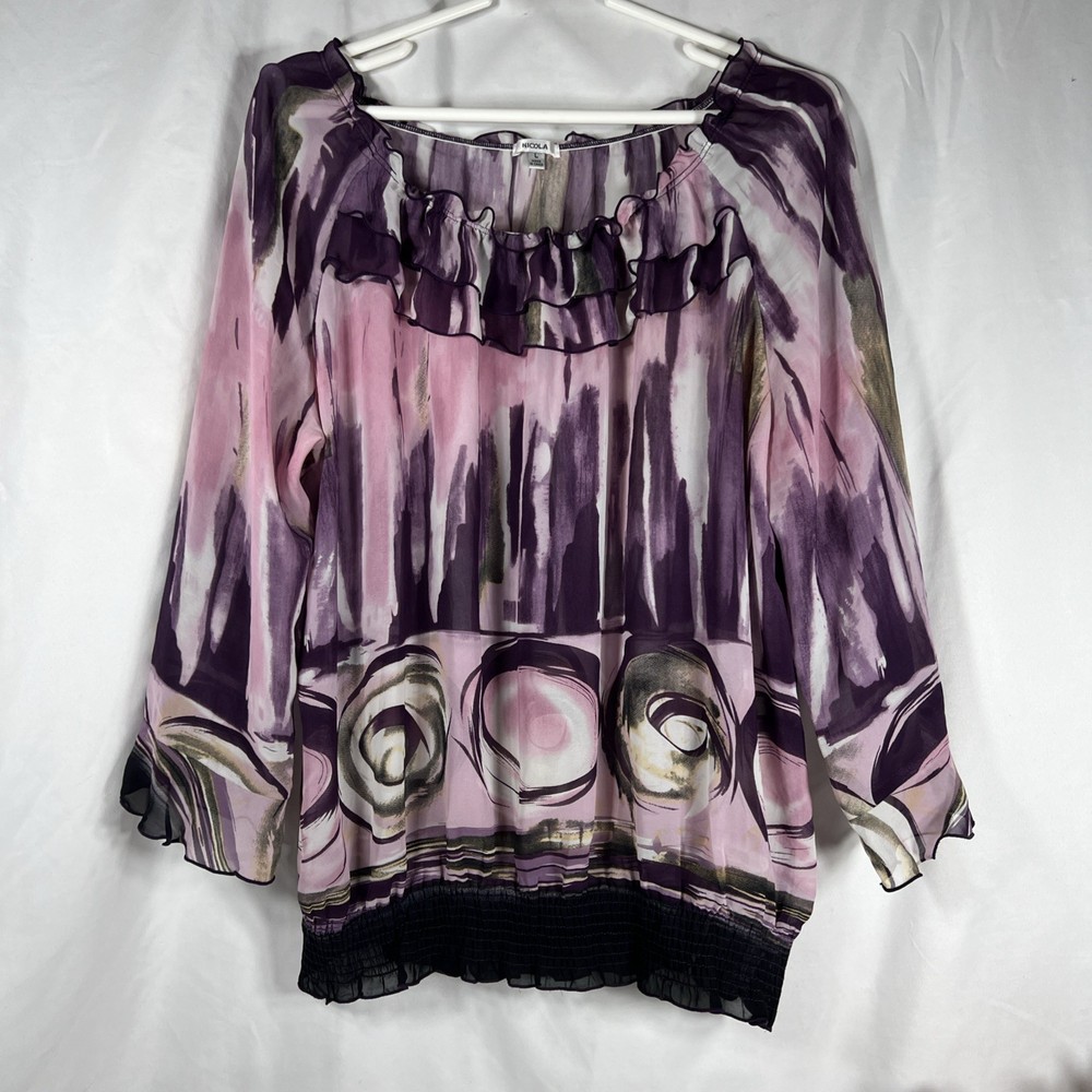 NICOLA Women's Sheer Purple Blouse Size L Abstract Print Long Sleeve Button-Up