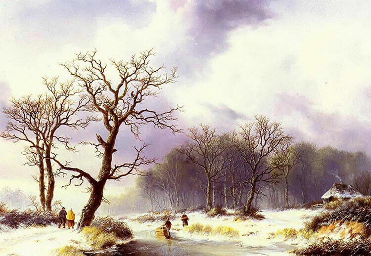 Oil painting willem bodemann - a winter landscape with trees figures hand paint