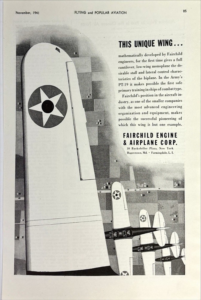 Fairchild Engine and Airplane Corp. Army PT-19,Unique Wing Vintage Print Ad 1941