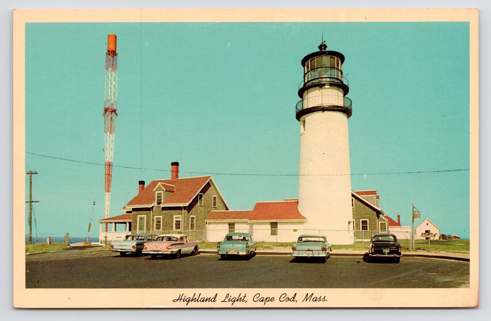 Highland Light Lighthouse Classic Cars Cape Cod Massachusetts MA 1950s Postcard