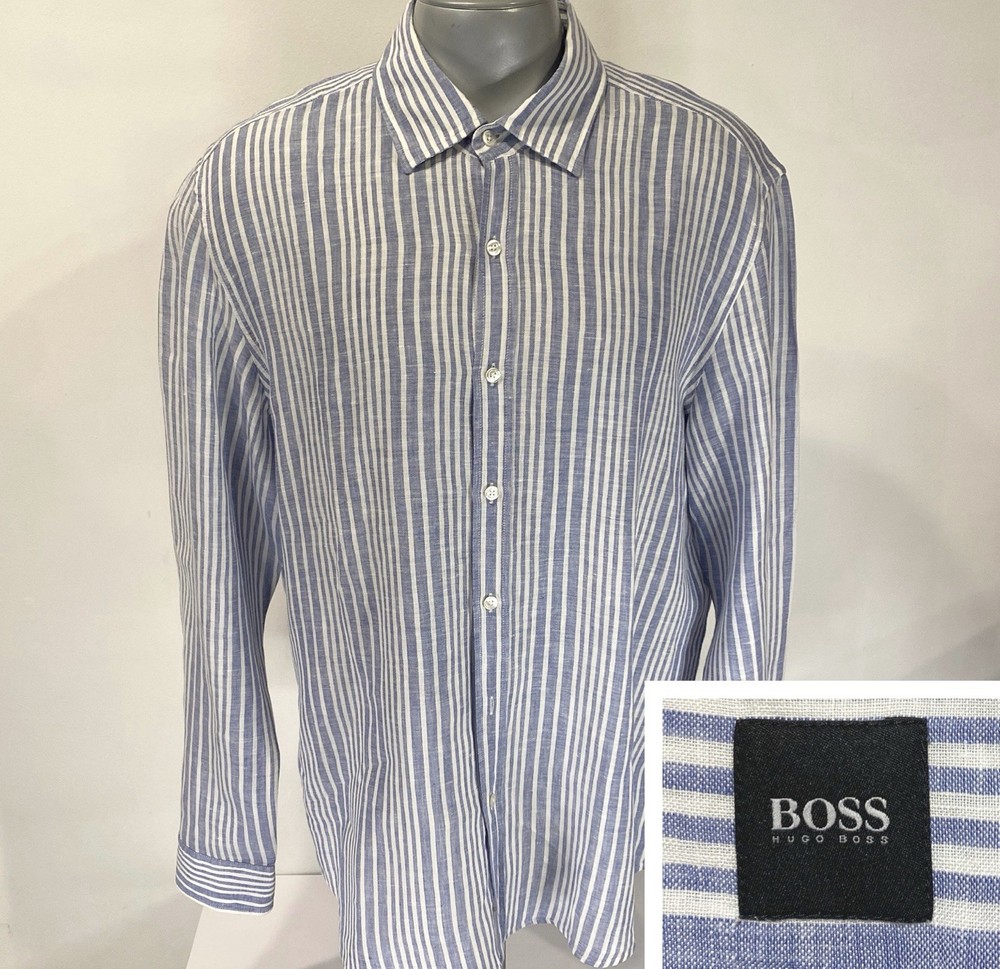 Hugo Boss XXL Long Sleeve Shirt 100% Linen White Blue Striped Button Up Mens