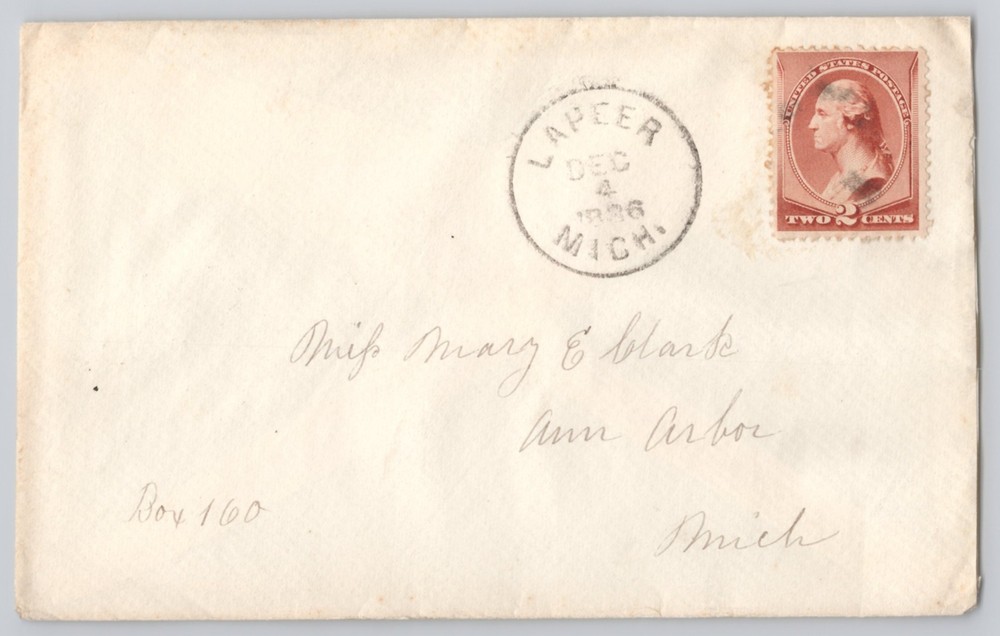 Lapeer, Michigan to Ann Arbor, addressed cover, franked, Un 1898 2c