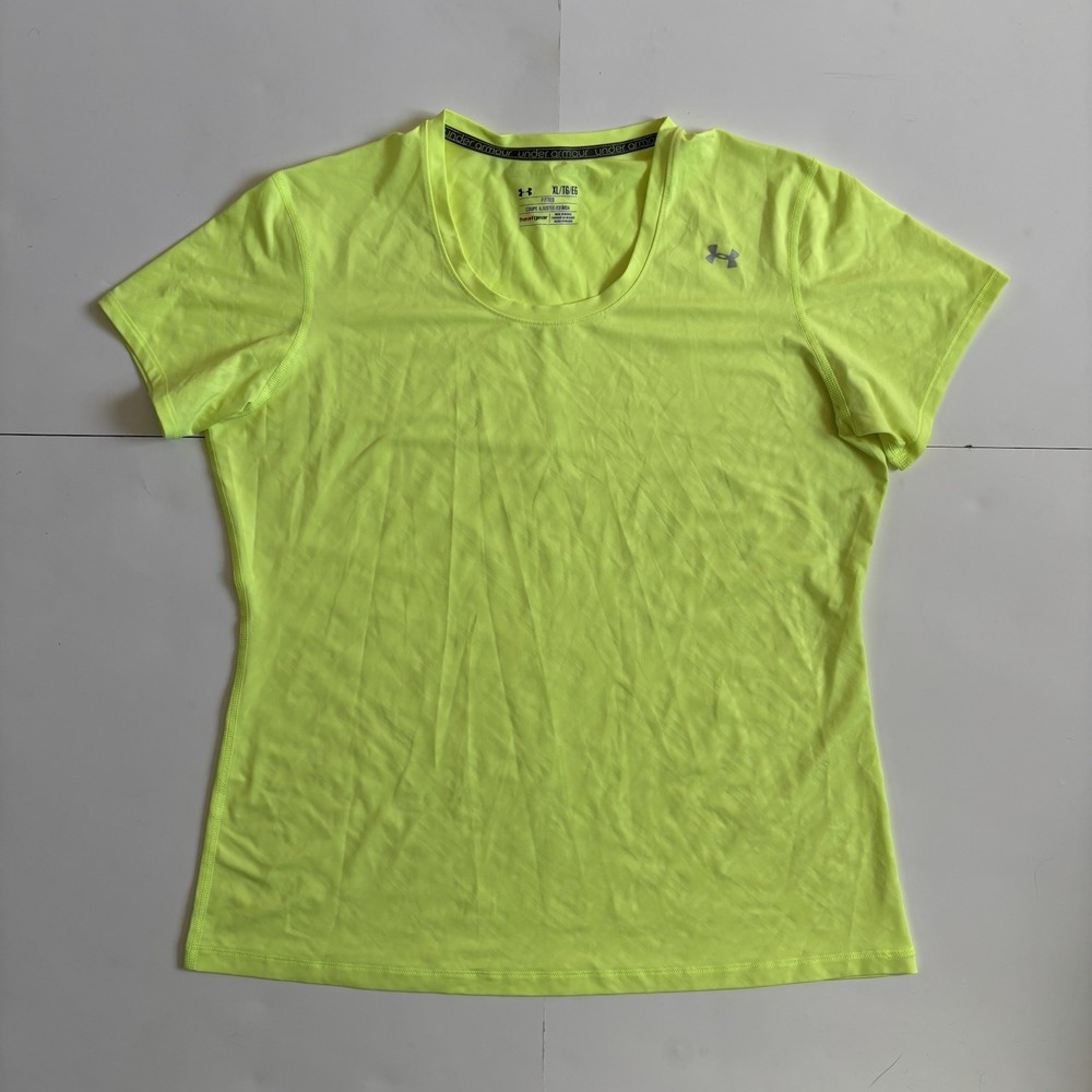 Under Armour Heat Gear Fitted T-Shirt Women's XL Neon Yellow Diamond Pattern