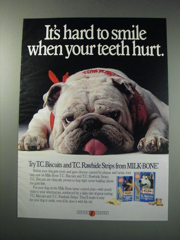 1991 Milk-Bone T.C. Biscuits and T.C. Rawhide Strips Ad - It's hard to smile