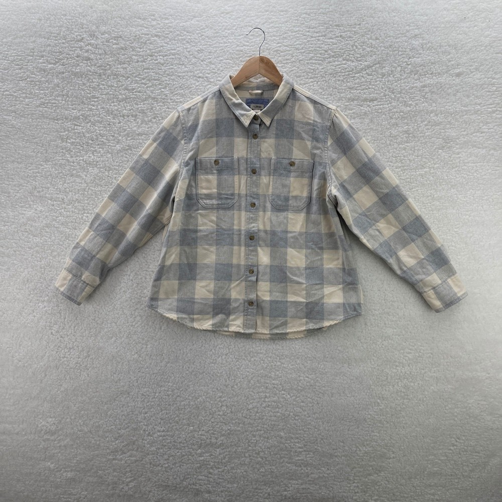 LL Bean Shirt Womens L Petite Gray White Buffalo Plaid Canvas Flannel Outdoor