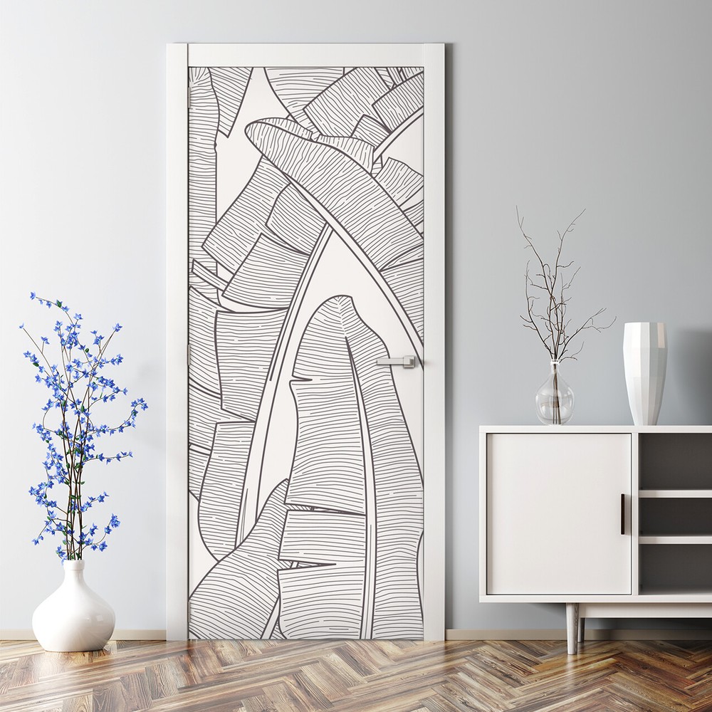 Bubble Free Door sticker Monochrome banana leaves Simple black and white Floral