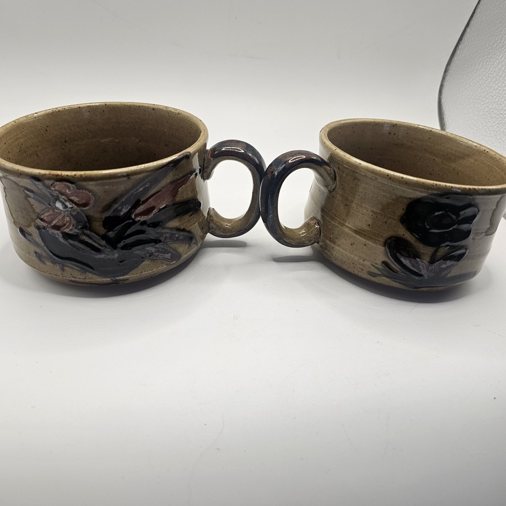 Studio Art Pottery Soup Bowls Mugs Rooster Chicken Floral Set Of Two Vtg Retro