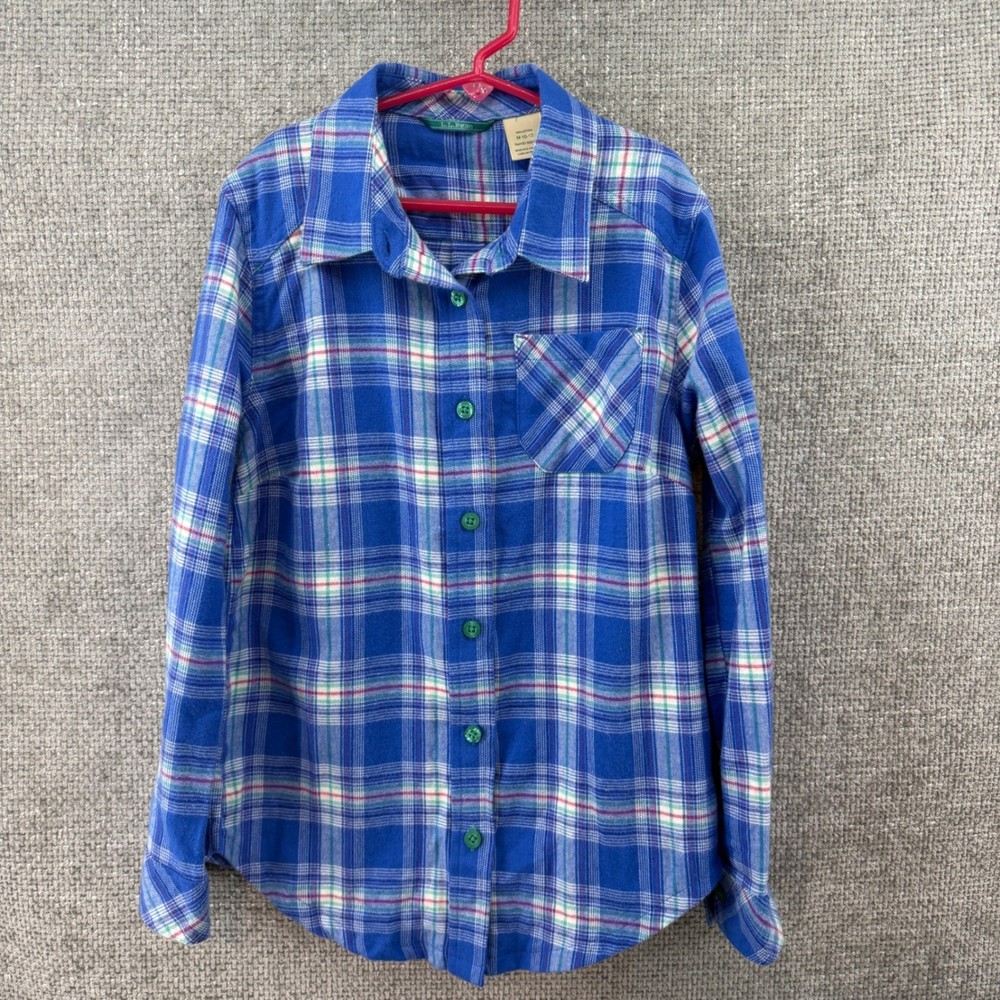 LL Bean Kids Blue Plaid Flannel Button Down Shirt Size M 10-12 Cotton 500117