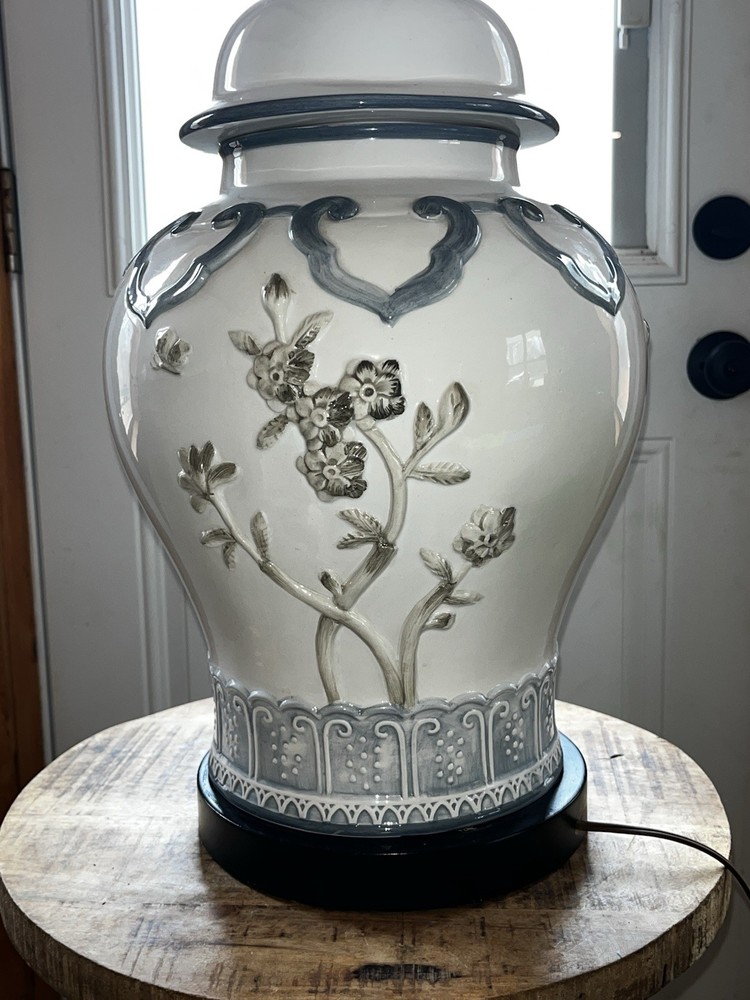Vintage 1970s Terracotta, Blue and White Ginger Jar Lamp RARE and it works