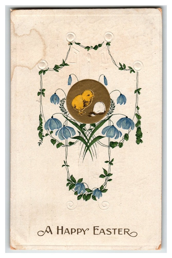 1915 Embossed Easter Chick & Bluebells Postcard Hartford WI Postmark