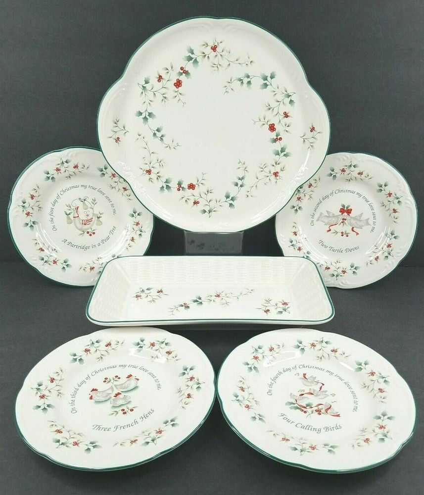 6 Pc Pfaltzgraff Winterberry Cake Accent Plates Tray Christmas Holiday Serve Lot-image