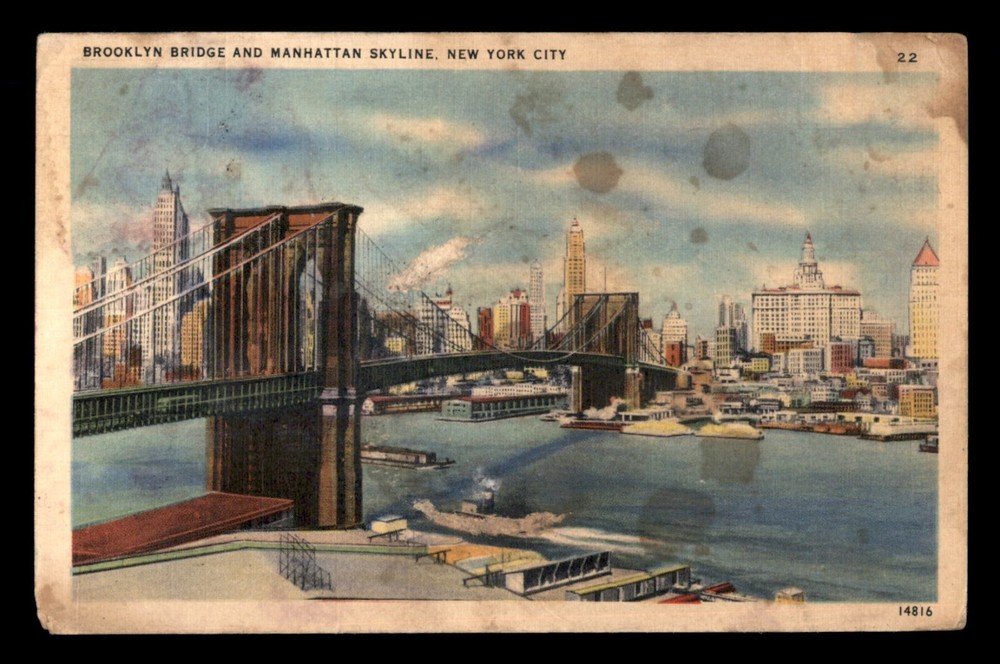 Brooklyn Bridge And Manhattan Skyline New York NY Postcard Posted 1944