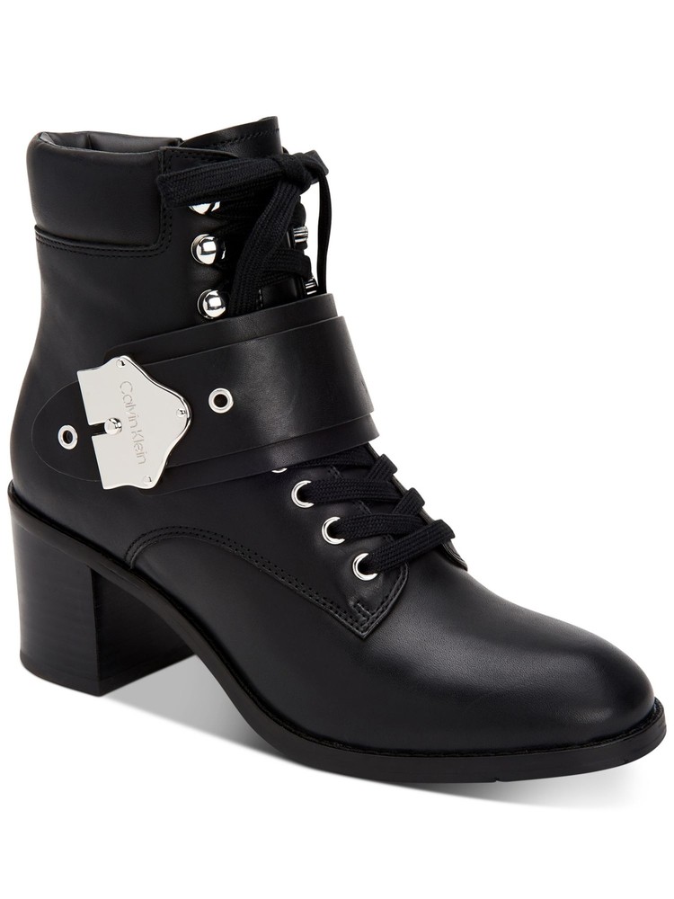 CALVIN KLEIN Womens Black Up Snap Pahi Toe Block Heel Leather Booties 9.5 M