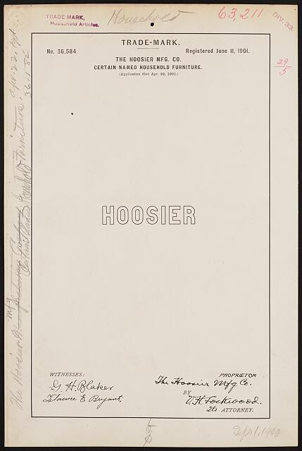 [ The Hoosier Mfg. Co. for Hoosier brand Certain Named Household Furniture]