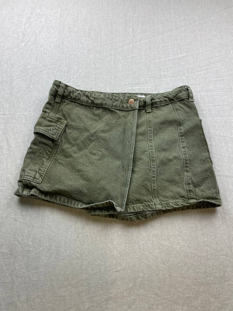 Zara Mini Skort Skirt Womens Size Medium Green Denim Wrap Cargo Pockets Y2K