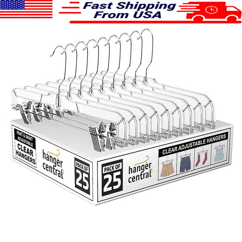 Heavy Duty 14-Inch Clear Plastic Pants Hangers with Clips - 25 Pack