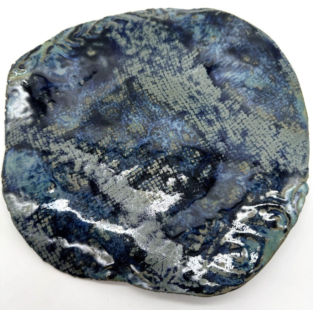 Studio Art Pottery Blue Gray Textured Surface Abstract Form Round Dish with Feet-image