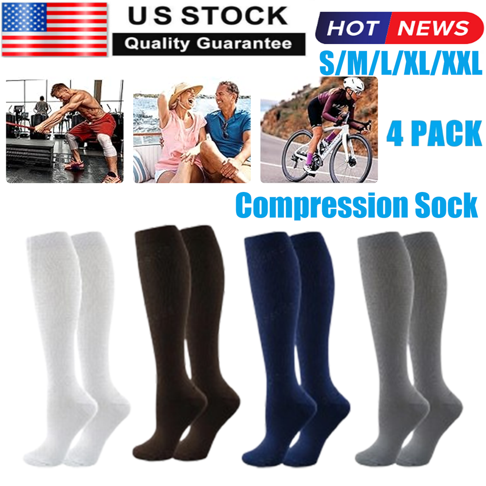 (4 Pairs) Compression 15-20mmHg Graduated Support Socks Calf Mens Womens S-XXL