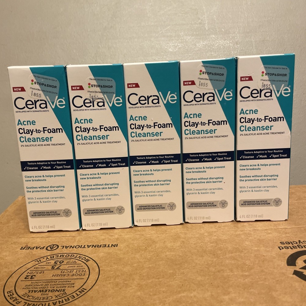 5 boxes- CeraVe Acne Clay-to-Foam Cleanser for Acne-Prone Skin BB: 04/27